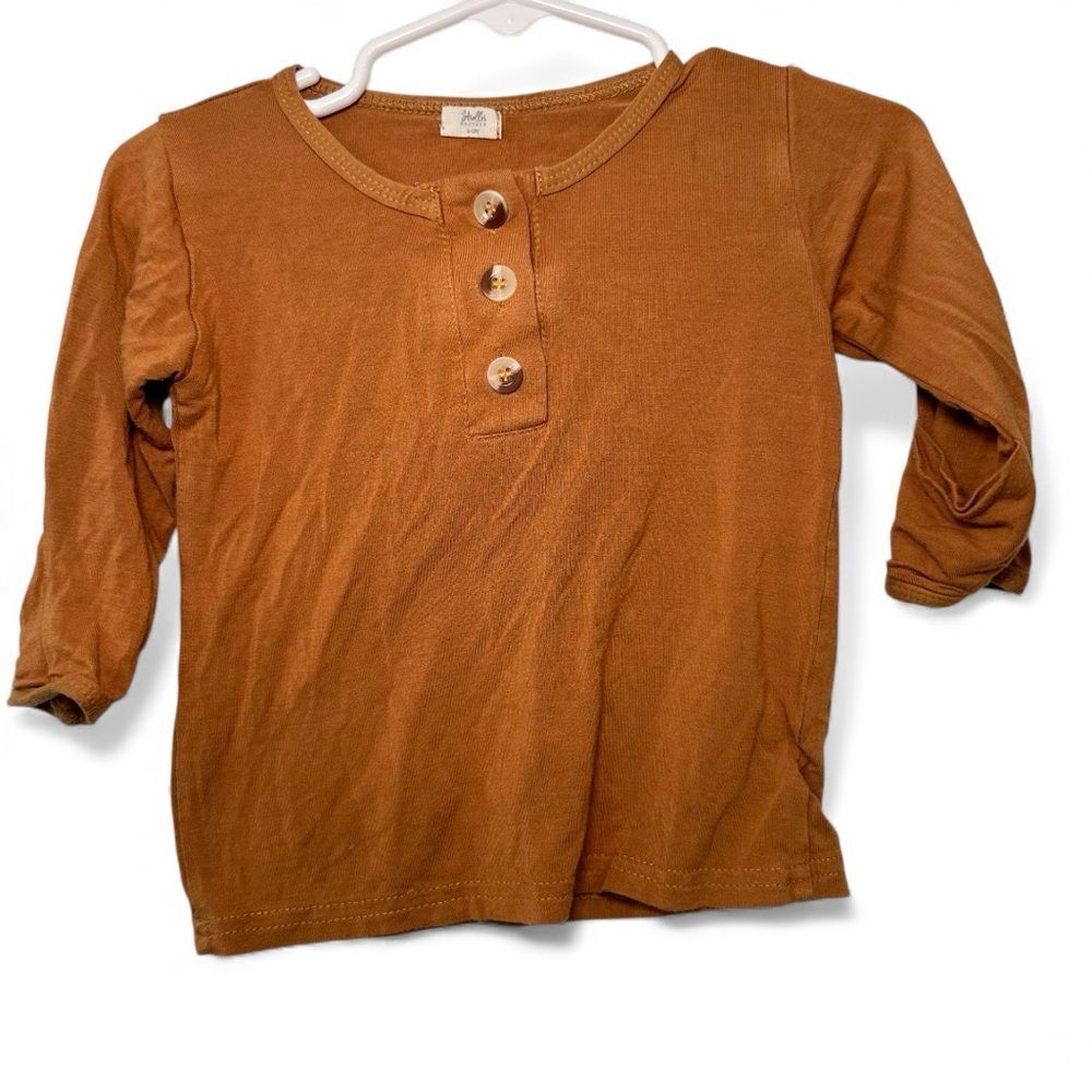 Stroller Society Brown Henley Shirt with Fold Over Hand Mitts 6-12 Months